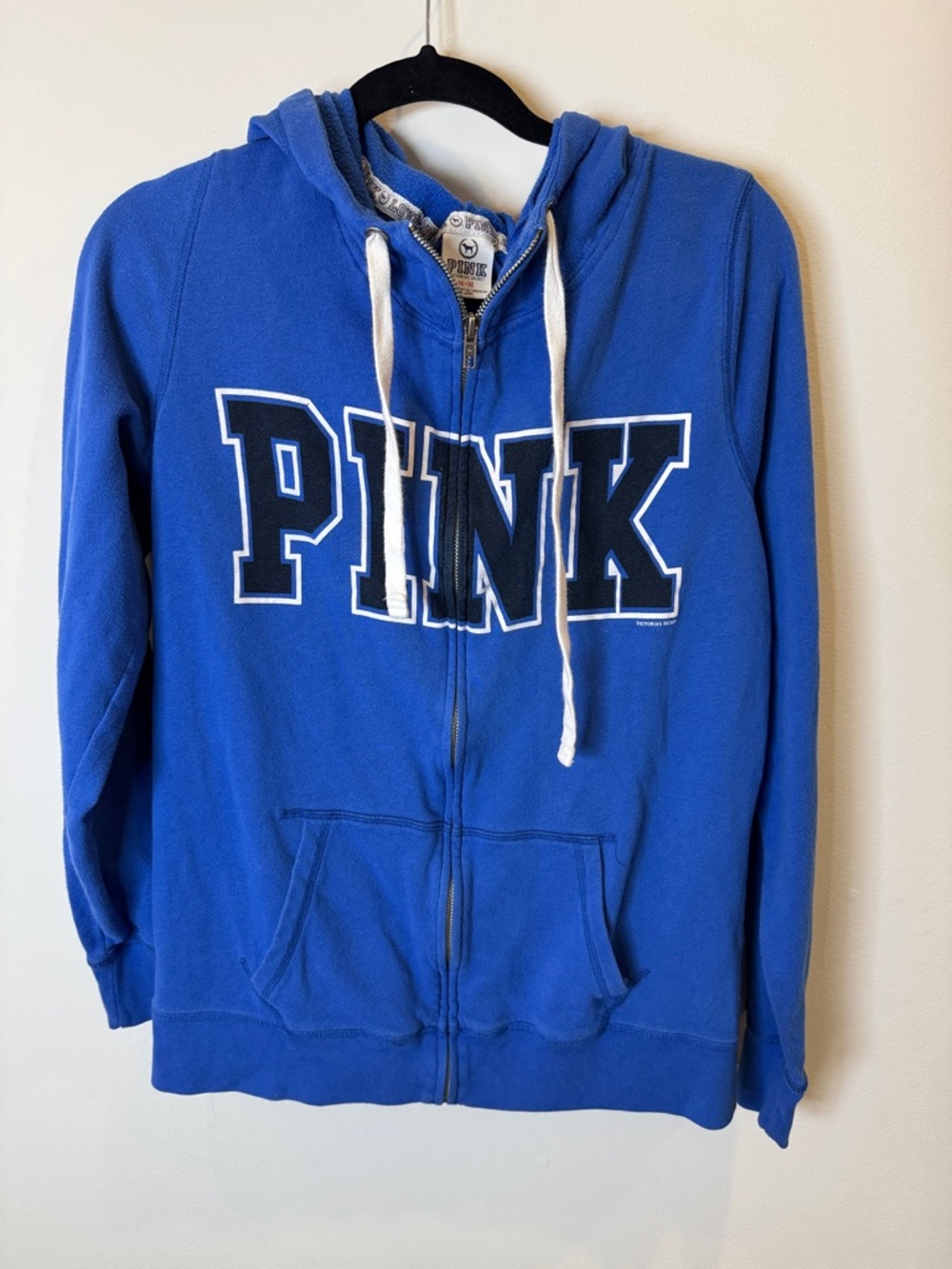 PINK Victoria's Secret Blue Zip-Up Hoodie with White Drawstrings